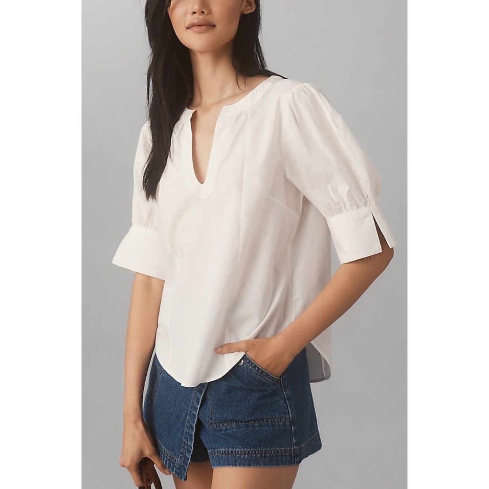 By Anthropologie White Puff Sleeve Sculpted Blouse Size Small